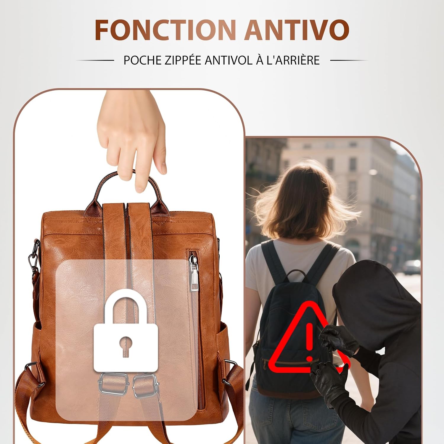 Detalle de Leathario Sac à Dos Antivol Femme en Cuir Vegan — Polyvalent et discret, 3-en-1