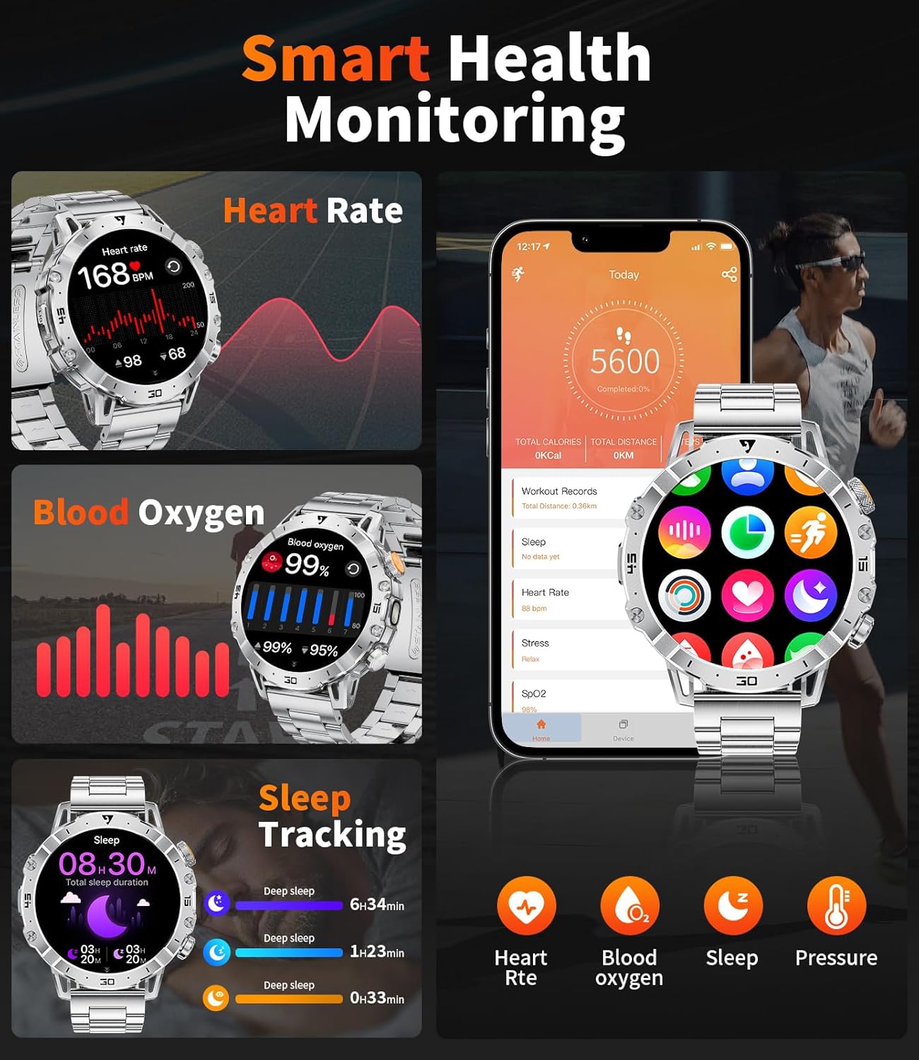 Detalle de SUNKTA Military Smart Watch for Men (1000mAh) – 1.7" HD Bluetooth Fitness Tracker with Dual Charging