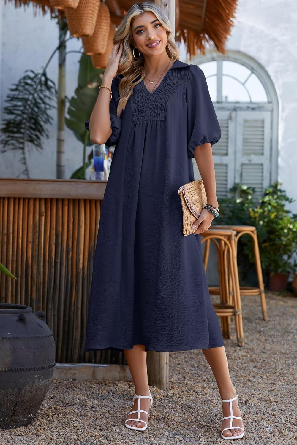 Detalle 2 de Dokotoo Summer Dresses for Women 2026 – Casual V-Neck Puff Sleeve Maxi Dress