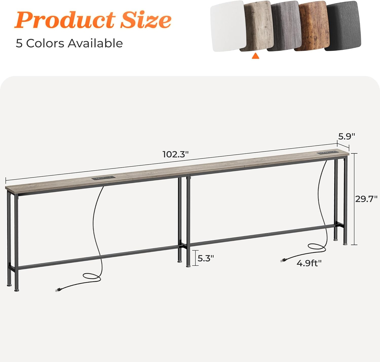 Thumbnail 2 de SUPERJARE 102.3 Inch Sofa Table with 2 Outlets and USB-C Ports — Narrow 5.9" Console with Storage, Oak