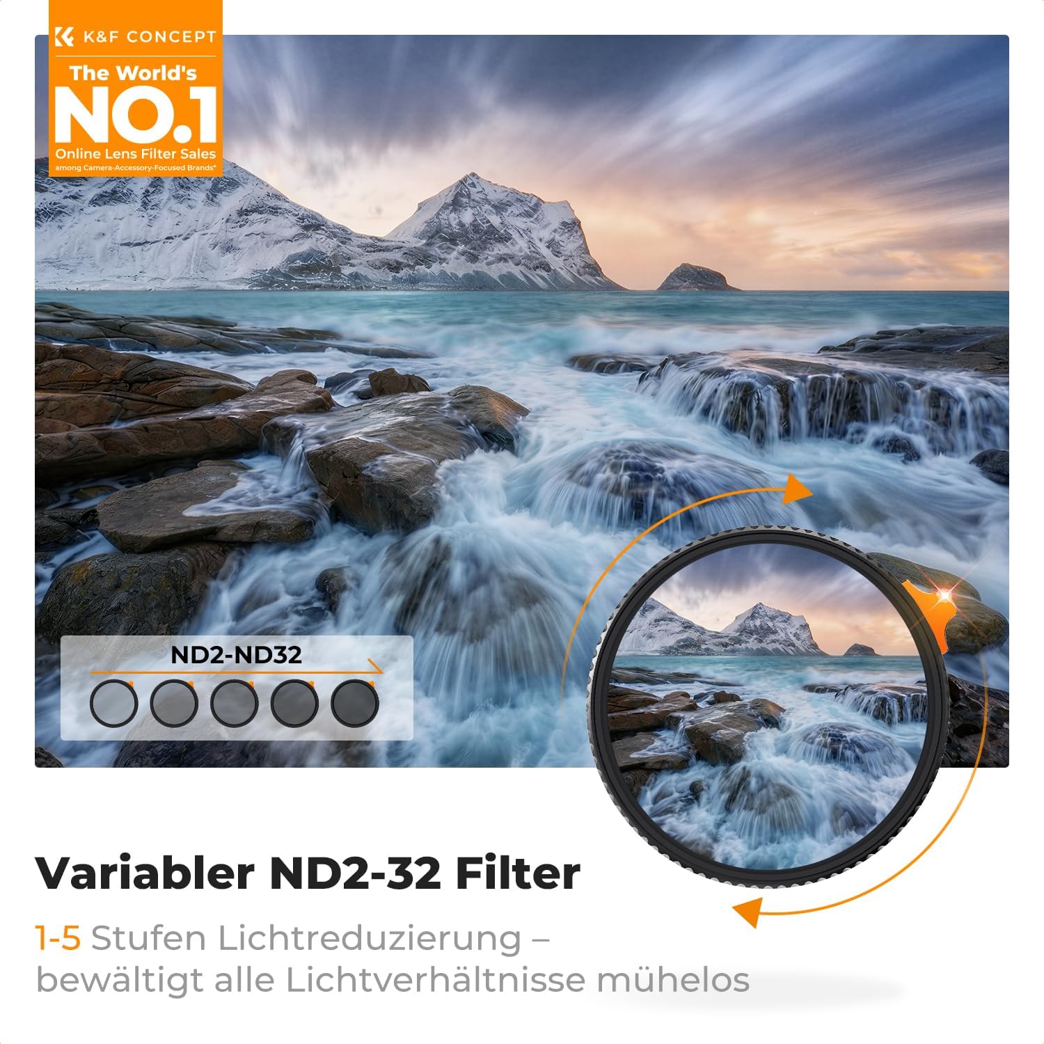 Thumbnail 1 de K&F CONCEPT Ultra-niedrige Reflexion & True Color Variable ND-Filter 49 mm (ND2–32) Nano Xcel