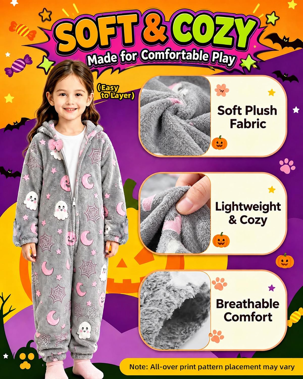 Thumbnail 2 de Gifts2U Glow-in-the-Dark Cat Costume for Kids, Flannel Onesie with Purse
