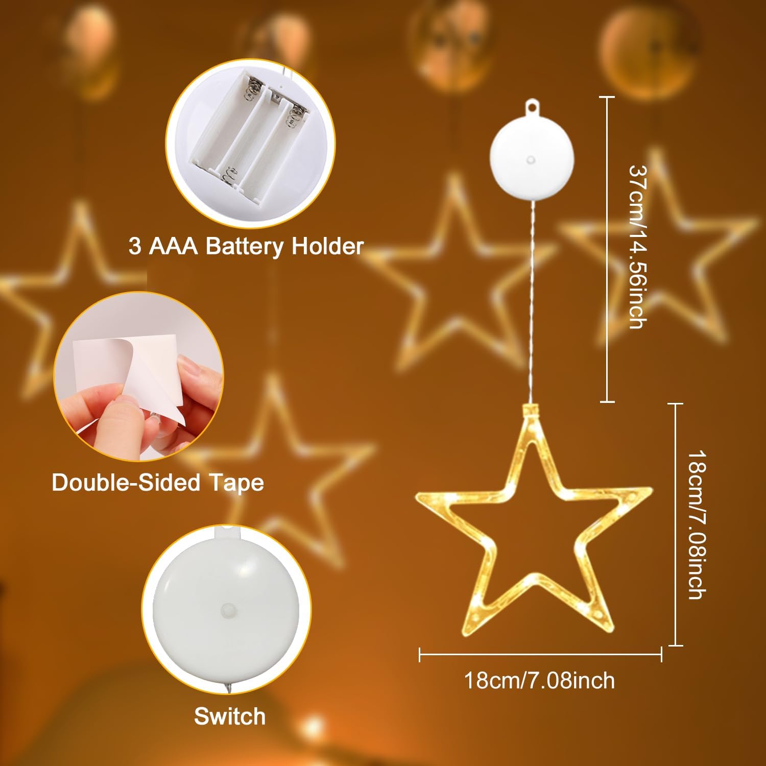 Detalle de Anmossi TY-WJX3P kerstverlichting met sterren, 3 stuks, warmwit en timer