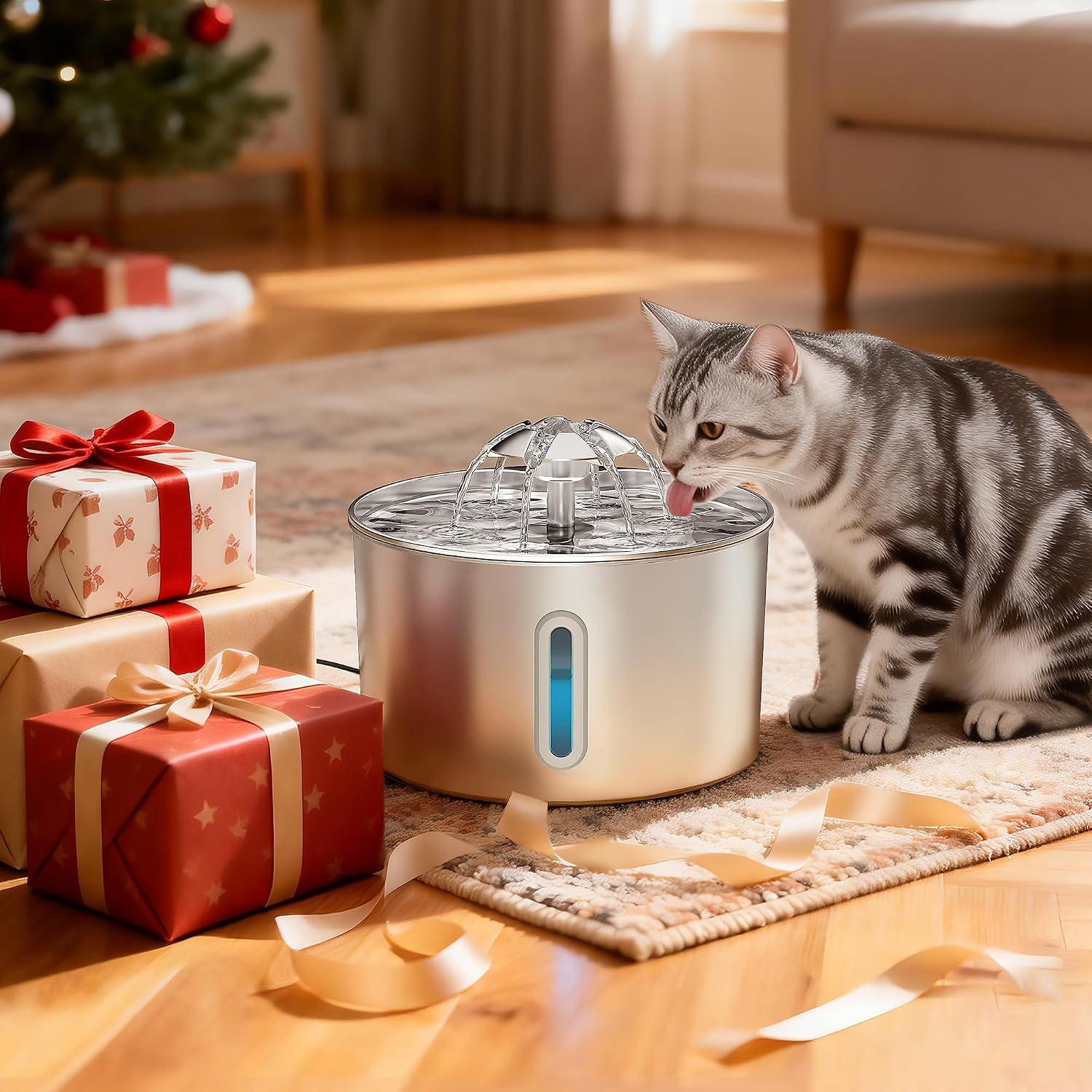 Detalle 1 de BalimoPet BP02 Stainless Steel Cat Water Fountain, 2.2L with Water-Level Window