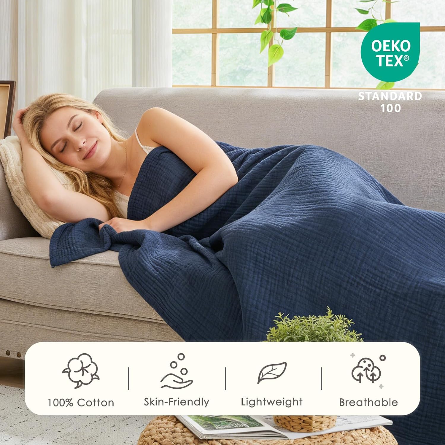 Thumbnail 4 de EMME Navy Super King Muslin Cotton Blanket, 120" x 94