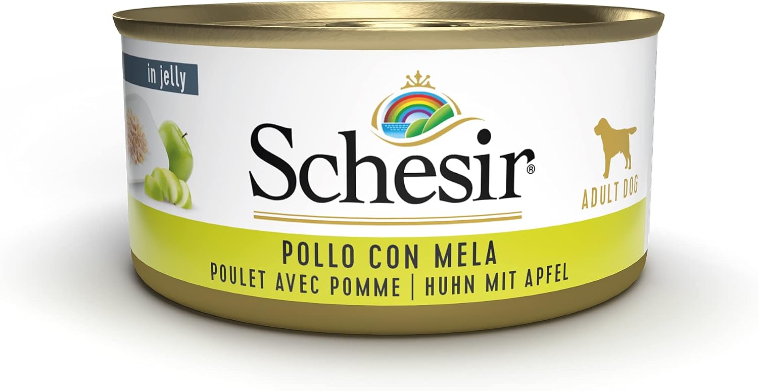 Detalle de Schesir Dog Fruit – mokra karma uzupełniająca, filet z kurczaka z jabłkiem, 18 × 150 g