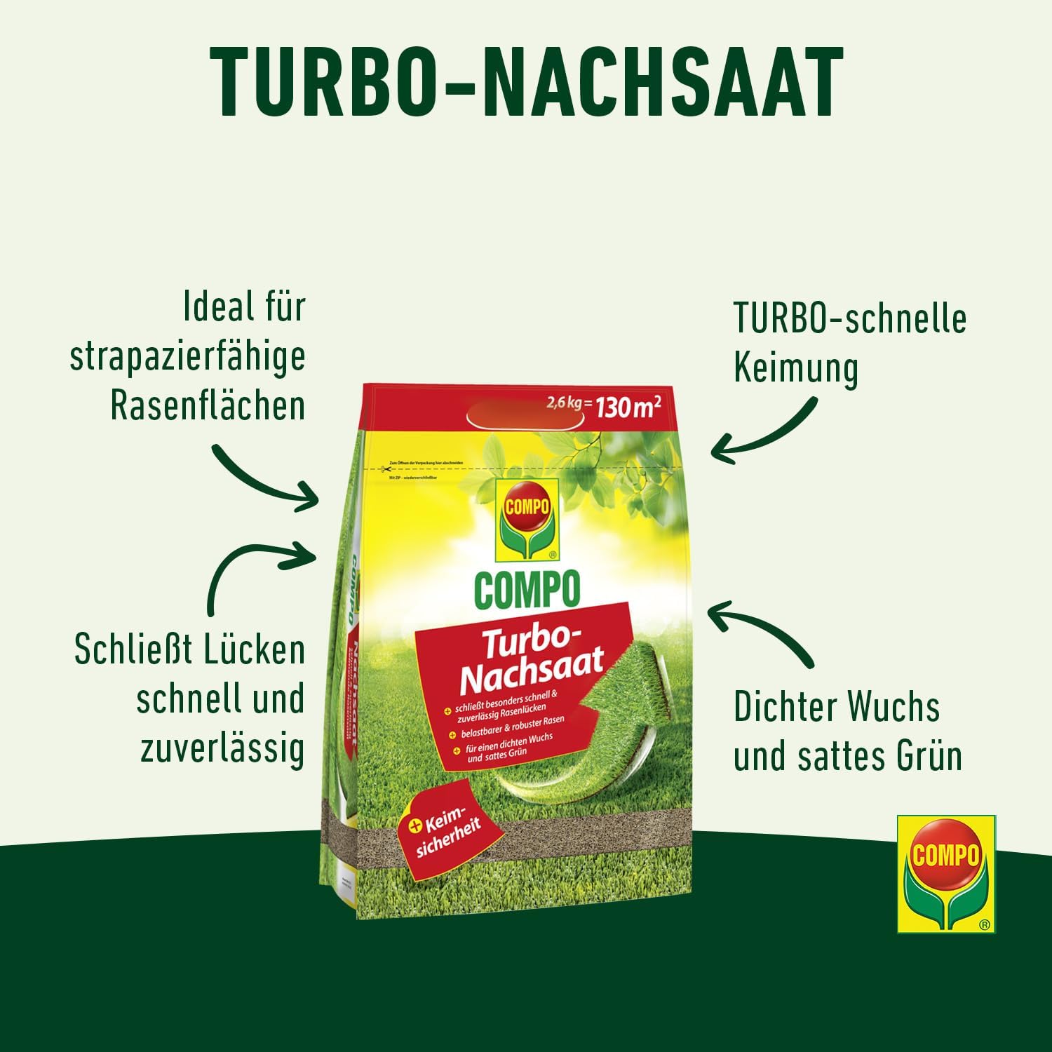 Detalle de COMPO Turbo-Nachsaat Premium Rasensamen schnellkeimend – 2,6 kg für 130 m²