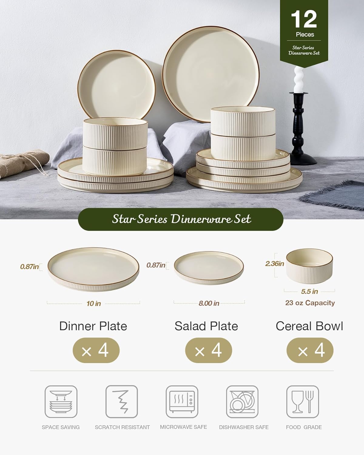 Thumbnail 4 de Famiware Star 12-Piece Stoneware Dinnerware Set (Cream) — Service for 4
