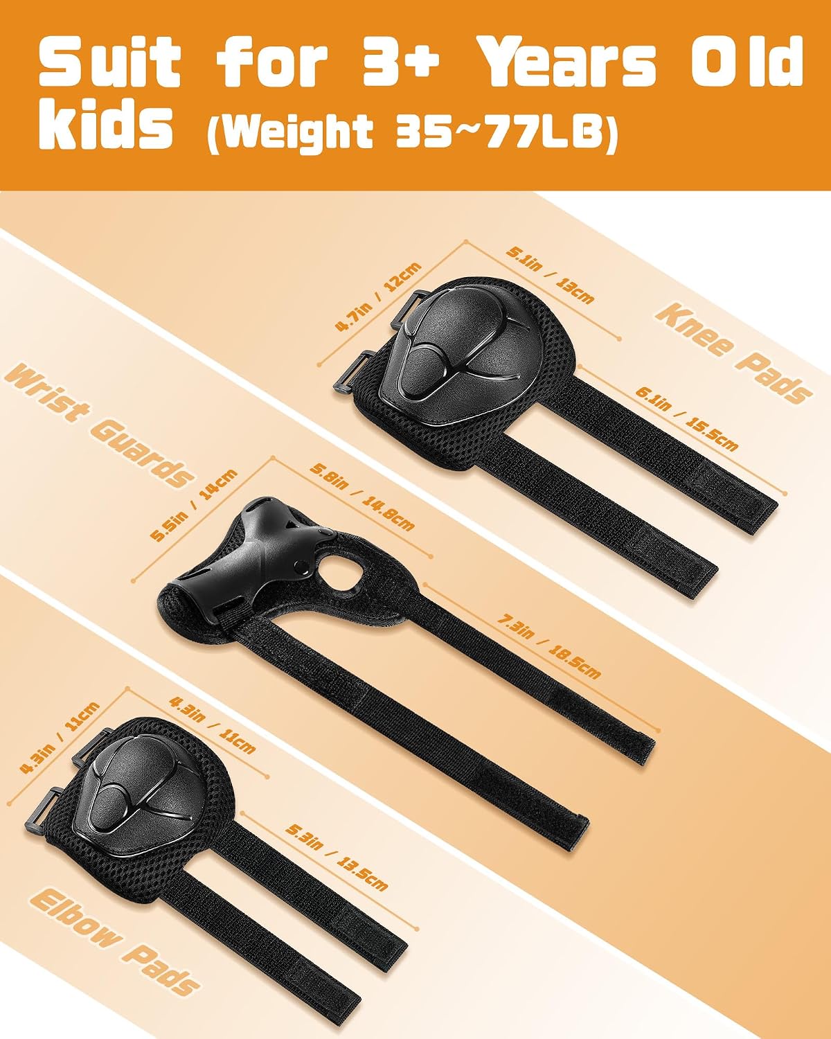 Detalle de DARME Kids Protective Gear Set, 3-in-1 Knee, Elbow & Wrist Guards, Black