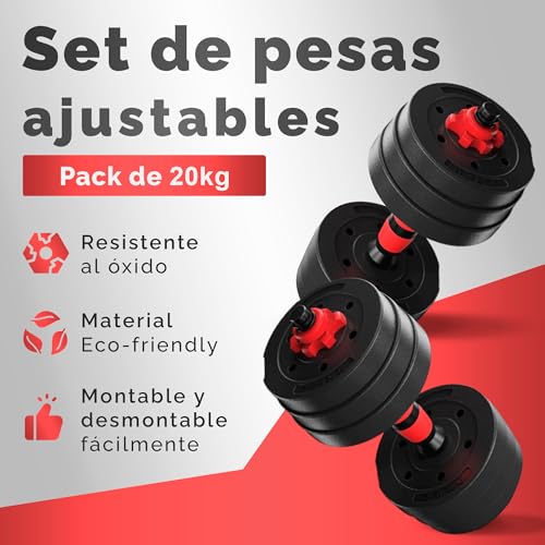 Detalle 2 de JUPPLIES Juego de Mancuernas Ajustables 2 en 1 – Kit 20 kg con Barra Recta, Discos Recubiertos y Agarre Antideslizante