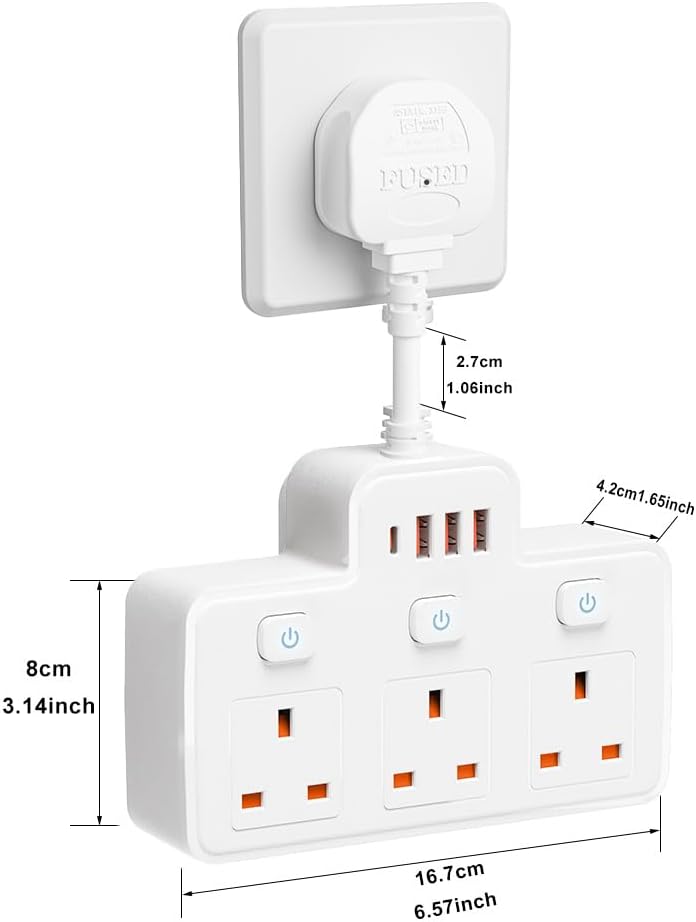 Detalle de Multi Plug Extension with Flexible Plug (3 Way, 3 USB, Individual Switched, Black)