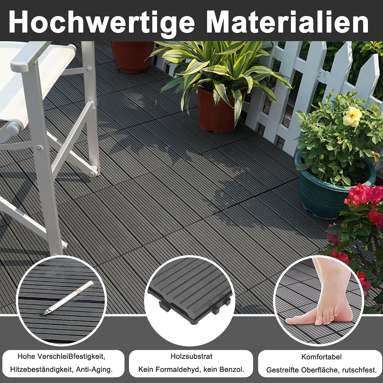 Thumbnail 3 de Aufun 22 Stück Terrassenfliesen WPC 30x30 cm in Holzoptik mit Klicksystem (Type A Anthrazit)