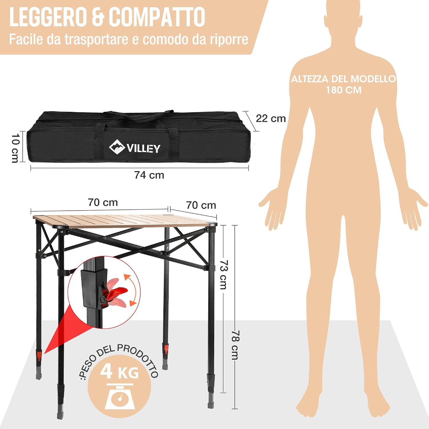 Detalle de VILLEY Tavolo Pieghevole Campeggio in Alluminio con Borsa, Altezza Regolabile 70x70x78 cm – Oro