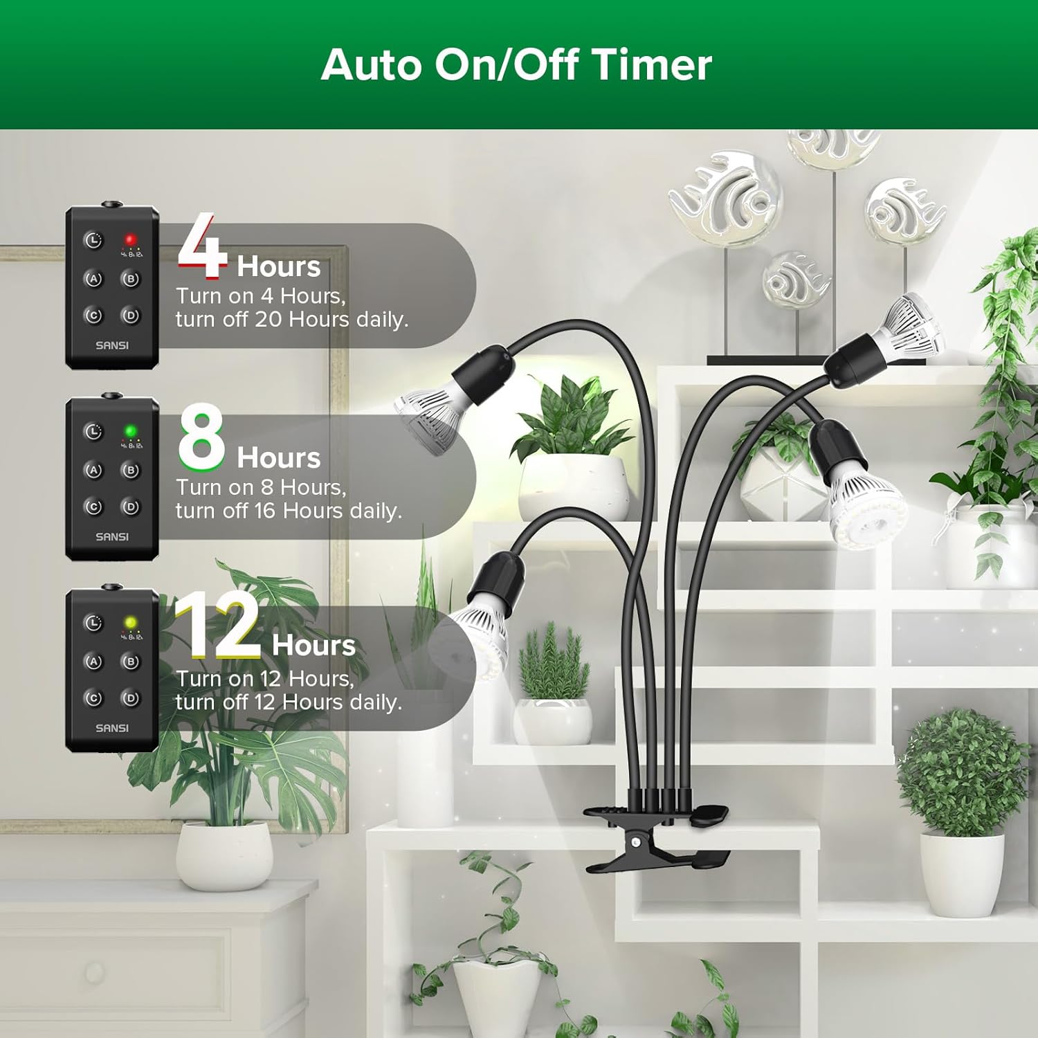 Thumbnail 2 de SANSI lampada LED per piante da interno 40W (equivalenti 600W), spettro completo e timer 4/8/12 ore con 4 bracci