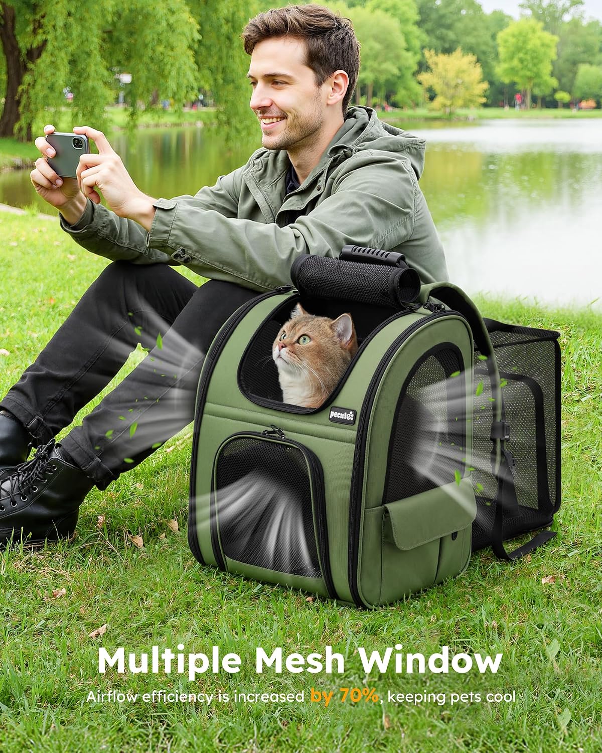 Detalle de Pecute Haustier Expansions Rucksack für Hund & Katze (erweiterbar, Front Opening, Mesh-Fenster) – dunkelgrün