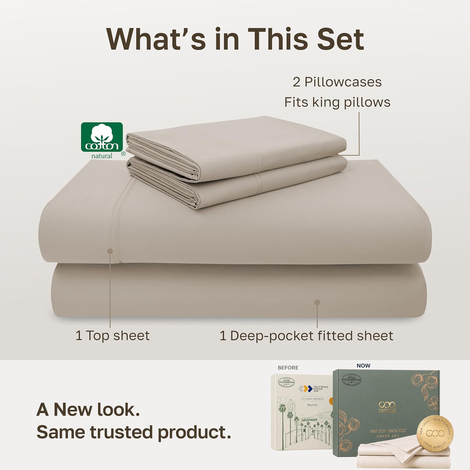 Detalle de California Design Den 600 Thread Count King Cotton Sateen Sheet Set, Soft Linen