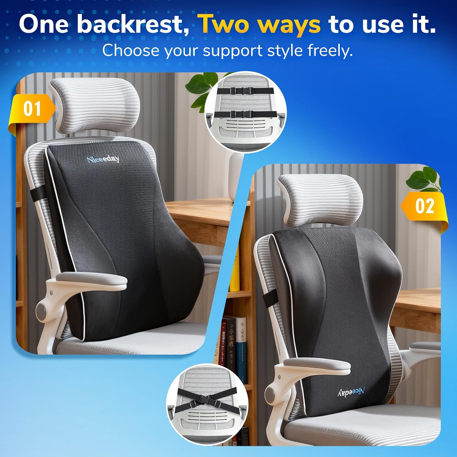 Thumbnail 3 de Niceeday Lumbar Support Pillow for Office Chair and Car – Memory Foam Back Cushion 45×40×12 cm