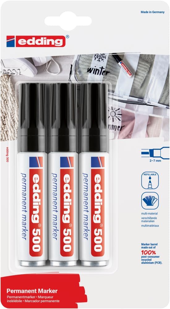 Detalle 2 de Edding 500 4-500-3-1001 permanente markers, zwart, 3 stuks, wigpunt 2-7 mm