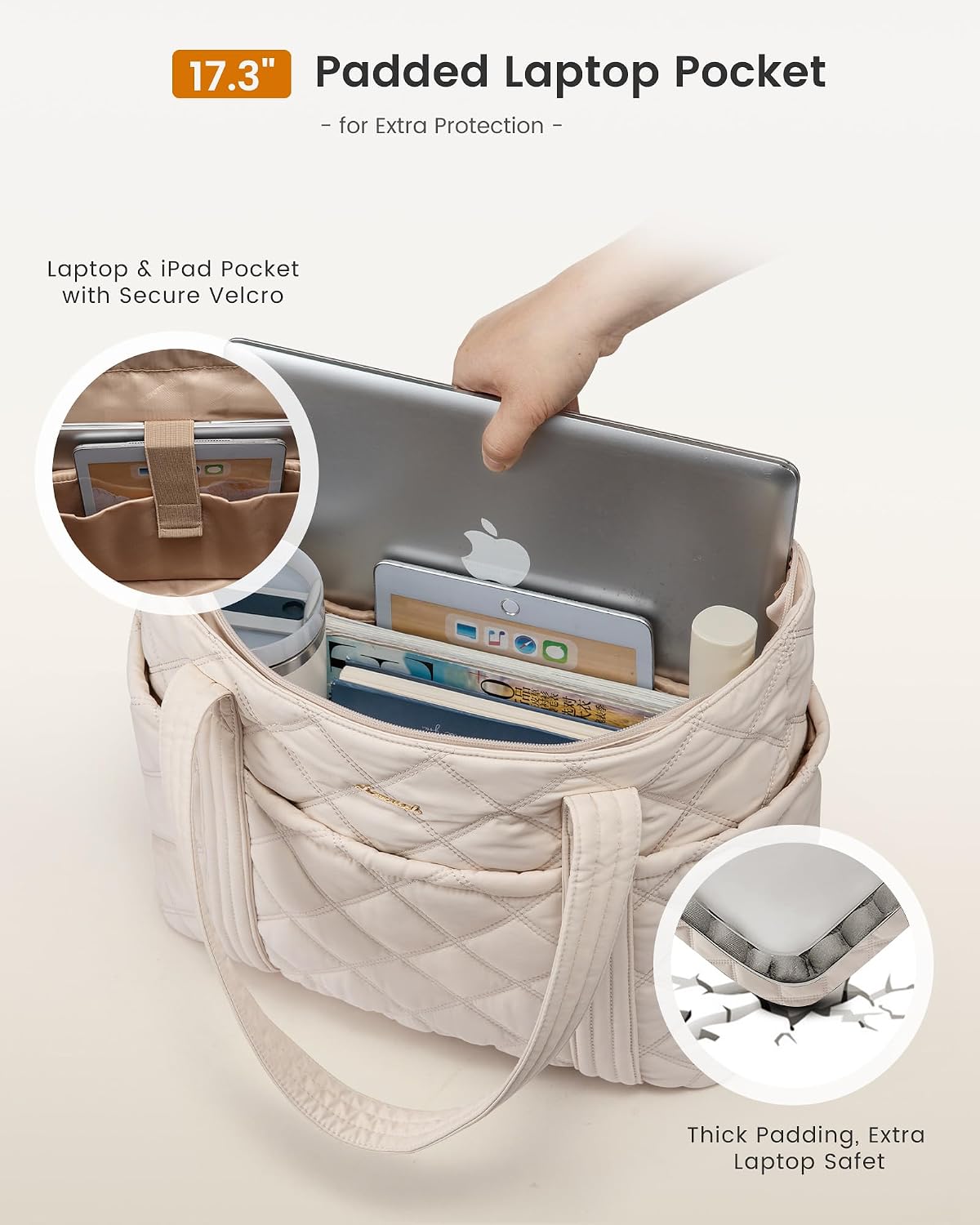 Thumbnail 4 de LOVEVOOK Handtasche Damen Shopper – Große Puffer Tote Bag, 43 × 16 × 35 cm, 17,3 Zoll Laptoptasche, Beige