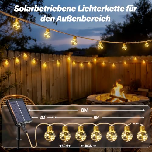 Detalle 2 de Ollny Solar Lichterkette Outdoor 8 m mit 16 LED Glühbirnen – warmweiß, 8 Modi