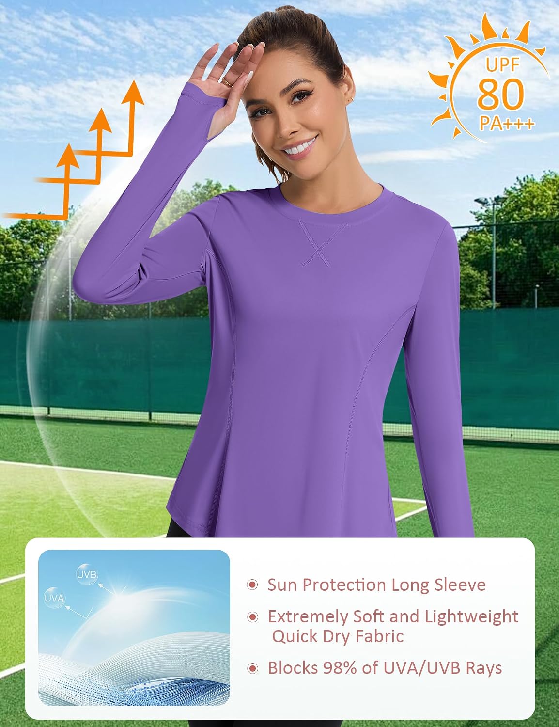 Detalle de Avoogue Women UPF 80+ UV Long Sleeve Shirt with Thumb Holes – Quick Dry Athletic Top