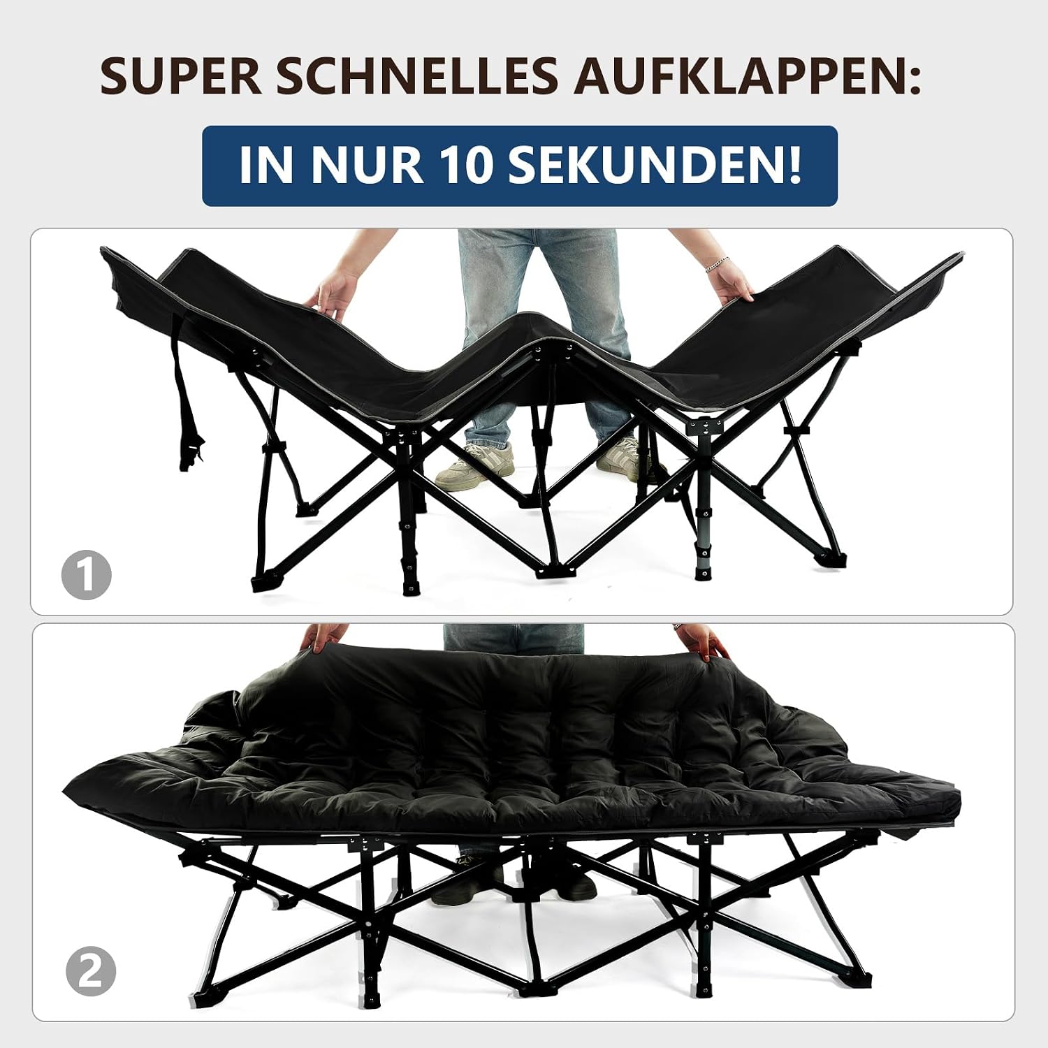 Detalle de Bonnlo Feldbett klappbar mit Matratze – XXL Campingbett 190 x 71 x 36 cm, bis 150 kg, Schwarz