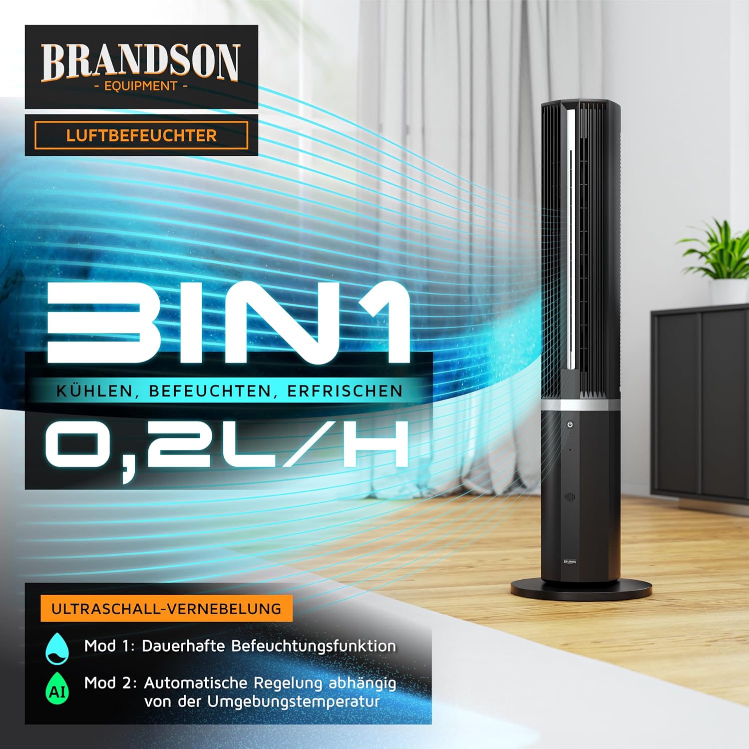 Detalle de Brandson 3-in-1 Klimagerät inkl. Luftbefeuchter – Turmventilator mit Wasserkühlung, 12 Stufen, DC-Motor, Fernbedienung