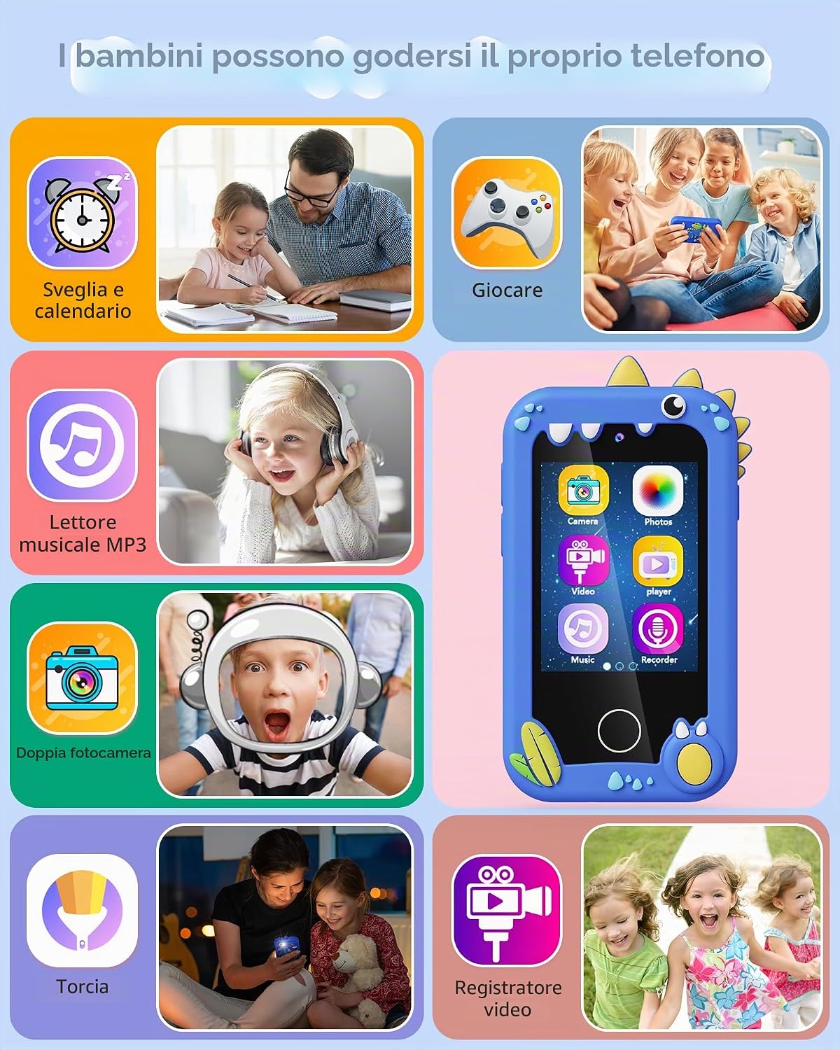 Detalle de Telefono Giocattolo per Bambini con Fotocamere, Musica e Giochi di Puzzle – Dino Theme 3–8 anni