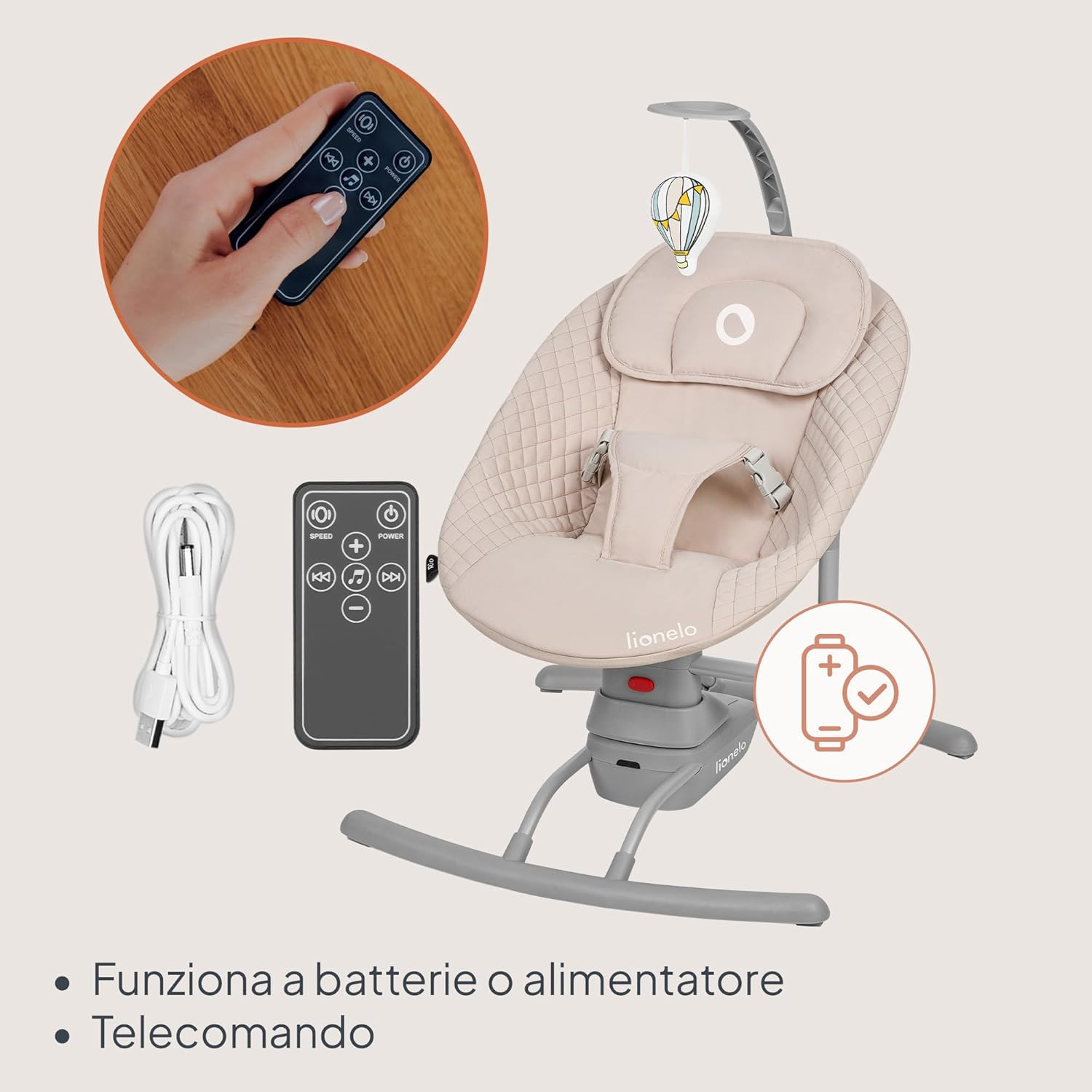 Thumbnail 6 de LIONELO RIO Dondolo elettrico per bambini con schienale regolabile e archetto giocattolo