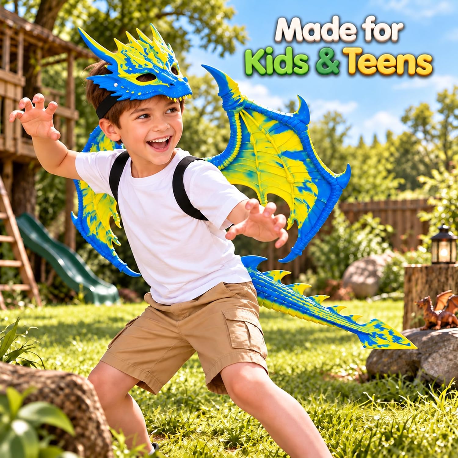 Detalle 2 de CRTEPST Dragon Costume for Kids, Canary Blue Mask, Wings and Tail