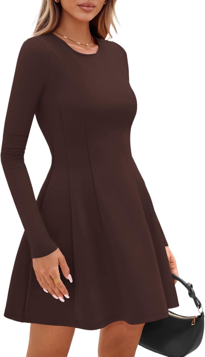 Detalle de PRETTYGARDEN Women's Pleated Knit Mini Dress, Long Sleeve A-Line