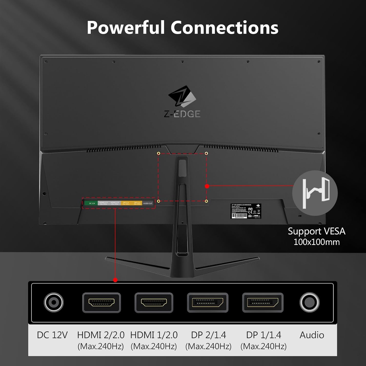Detalle 2 de Z-Edge 27 Inch Gaming Monitor (240Hz, 1ms, Full HD, IPS) with FreeSync, HDMI & DisplayPort, VESA — Black