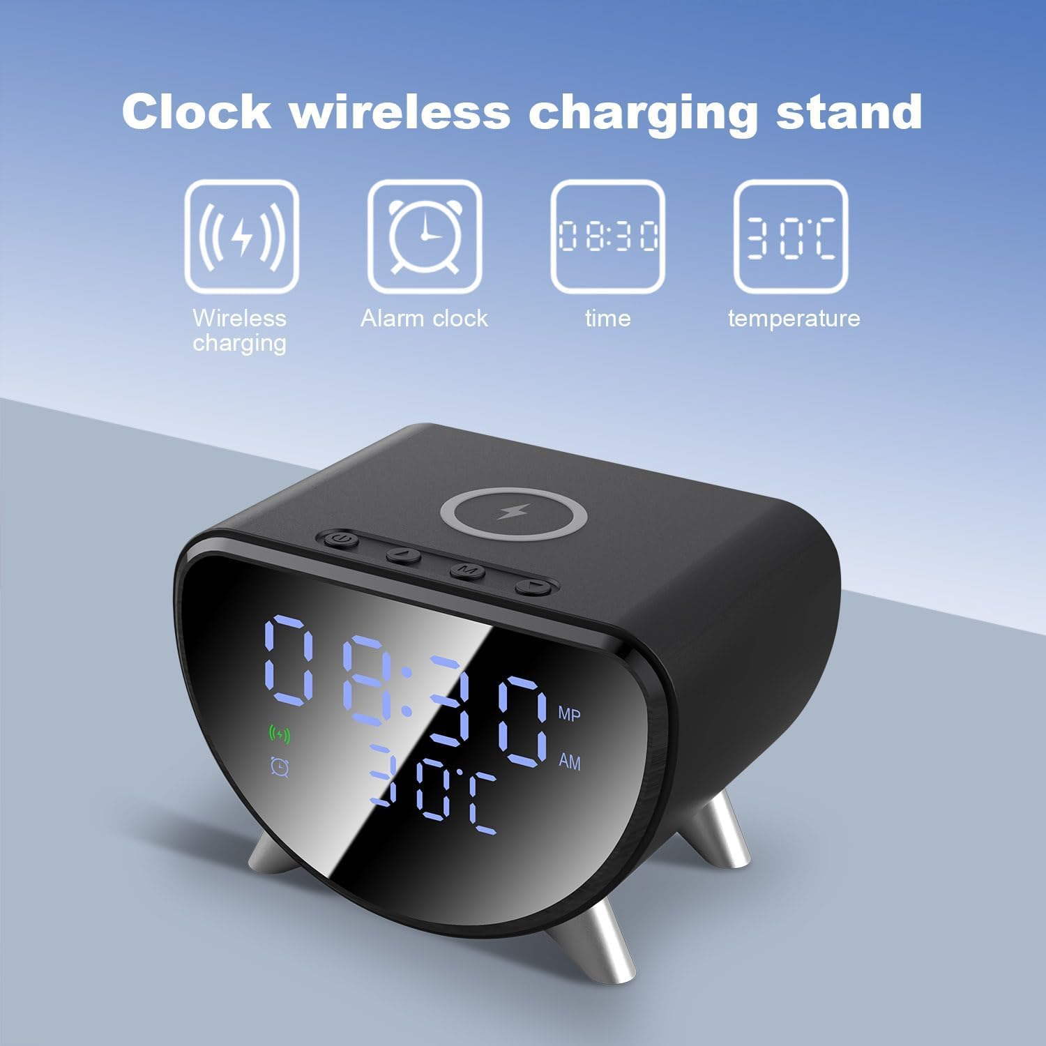 Detalle de PDKUAI Fast Wireless Charger Alarm Clock — Dimmed LED Display, 12/24H Clock, Temperature Readout and Triple Alarms