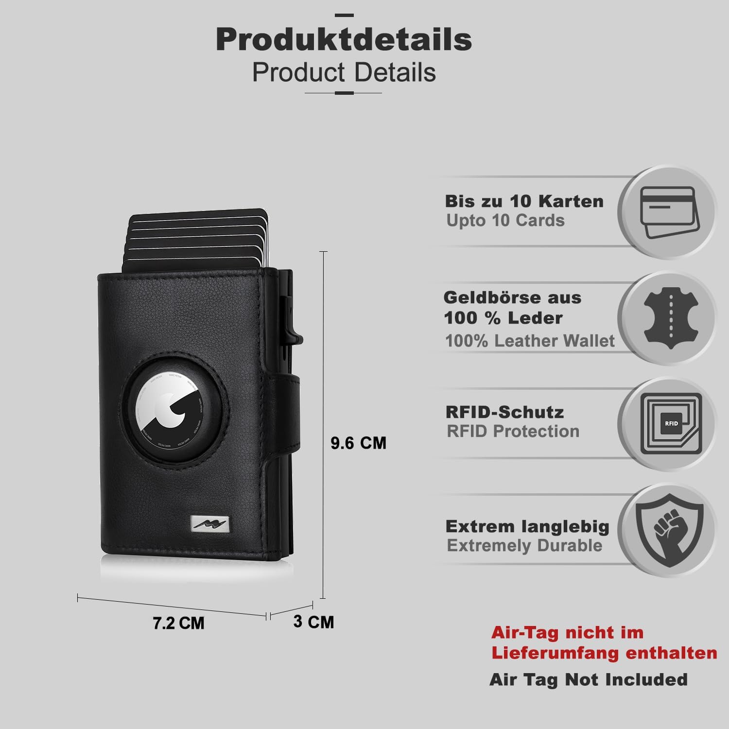 Detalle de Marc Peter Chicago Leder Push Air Slim Wallet – AirTag-Geldbörse mit Münzfach (RFID-Schutz) in Schwarz