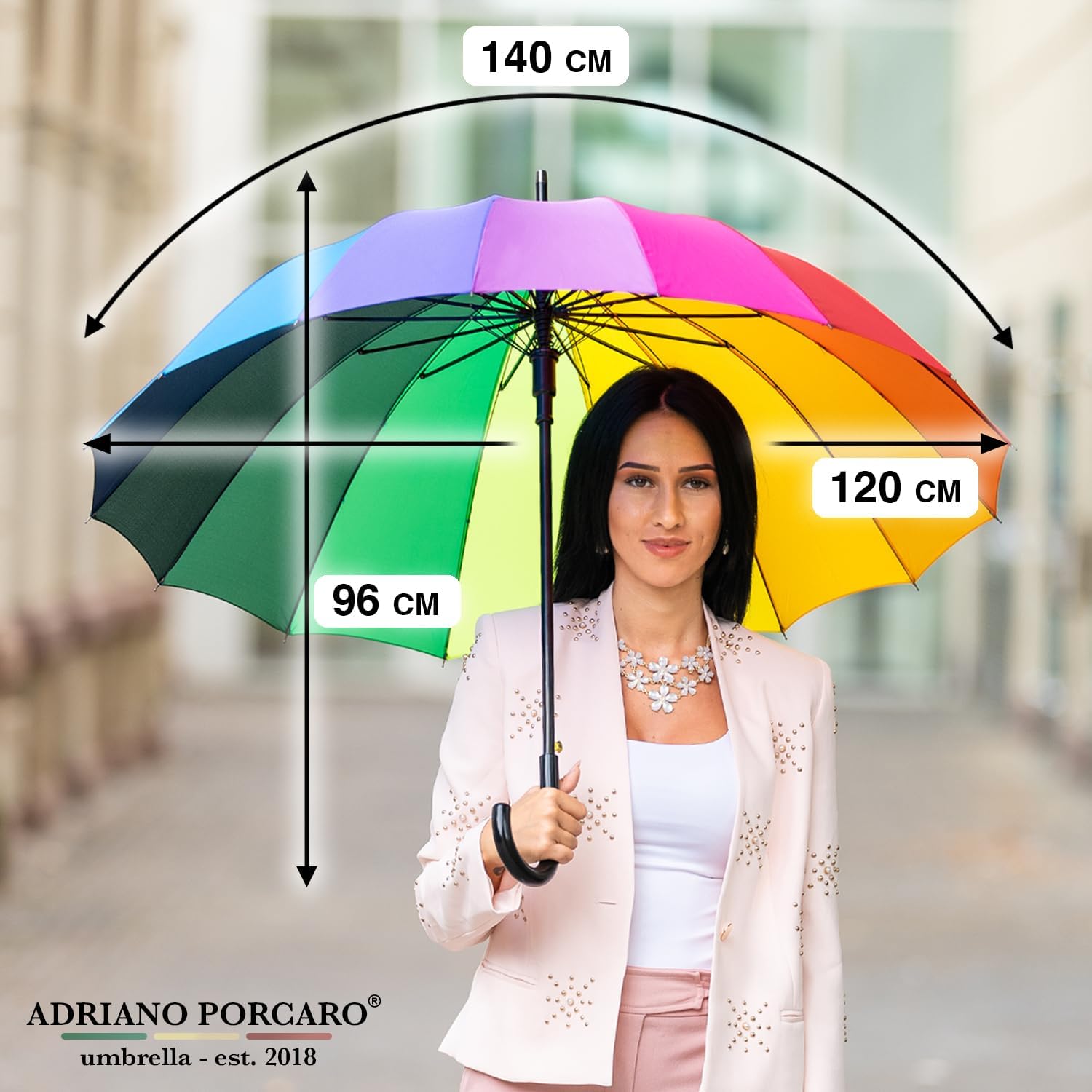 Detalle de ADRIANO PORCARO UNISEX Automatik Regenschirm Rainbow – Sturmfest, 16‑fach Verstrebung, Großschirm 120 cm