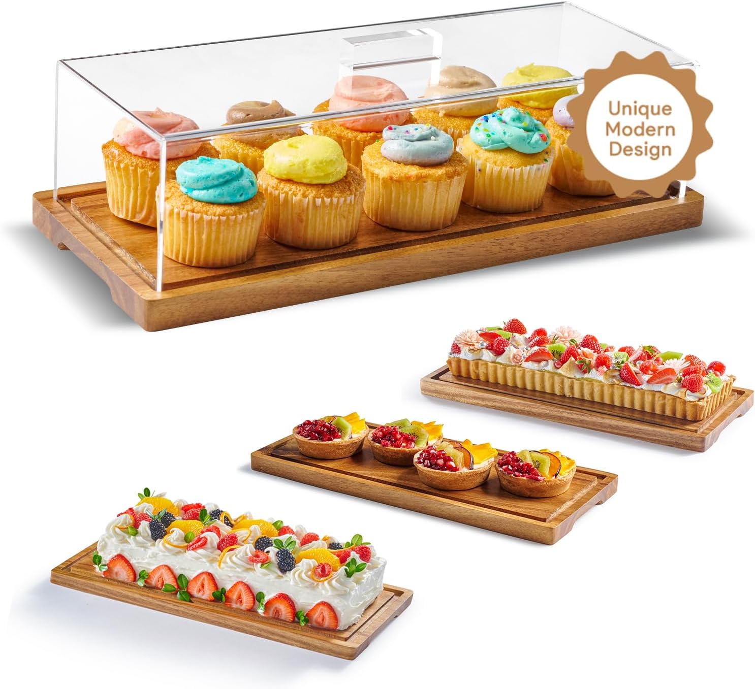 HOMESPHERE Cake Display with Lid (Acacia Wood Dessert Stand) with Acrylic Cover, Large Rectangle Tray Platter
