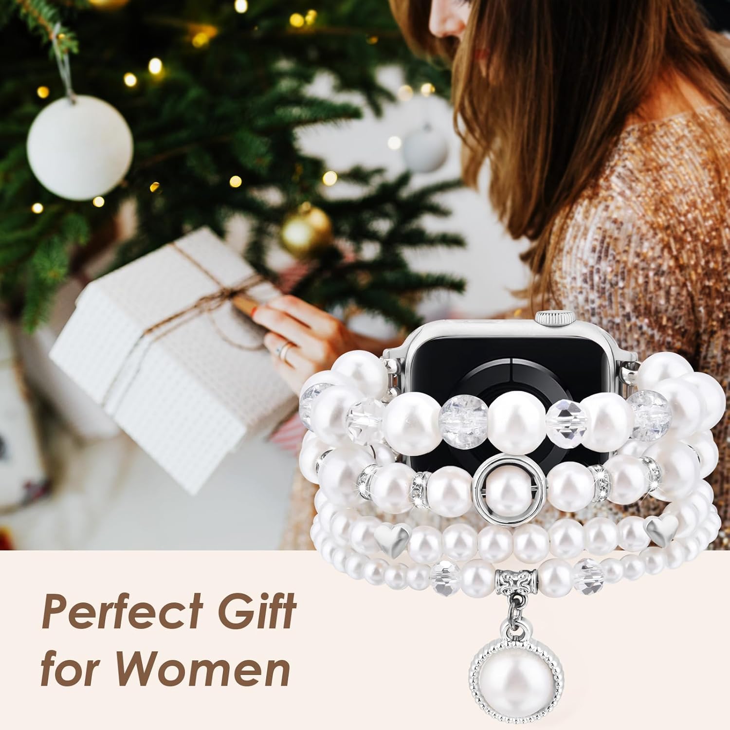 Thumbnail 5 de VMORO Pearl Bracelet for Apple Watch (40–46mm) – White Pearl Leather Strap for Women