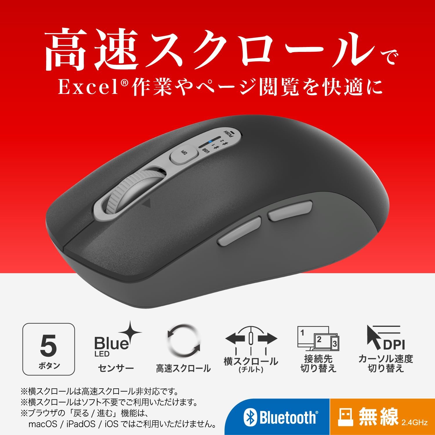Detalle de バッファロー BSMBB705BK Bluetooth・ワイヤレスマウス 静音・チルトホイール・5ボタン