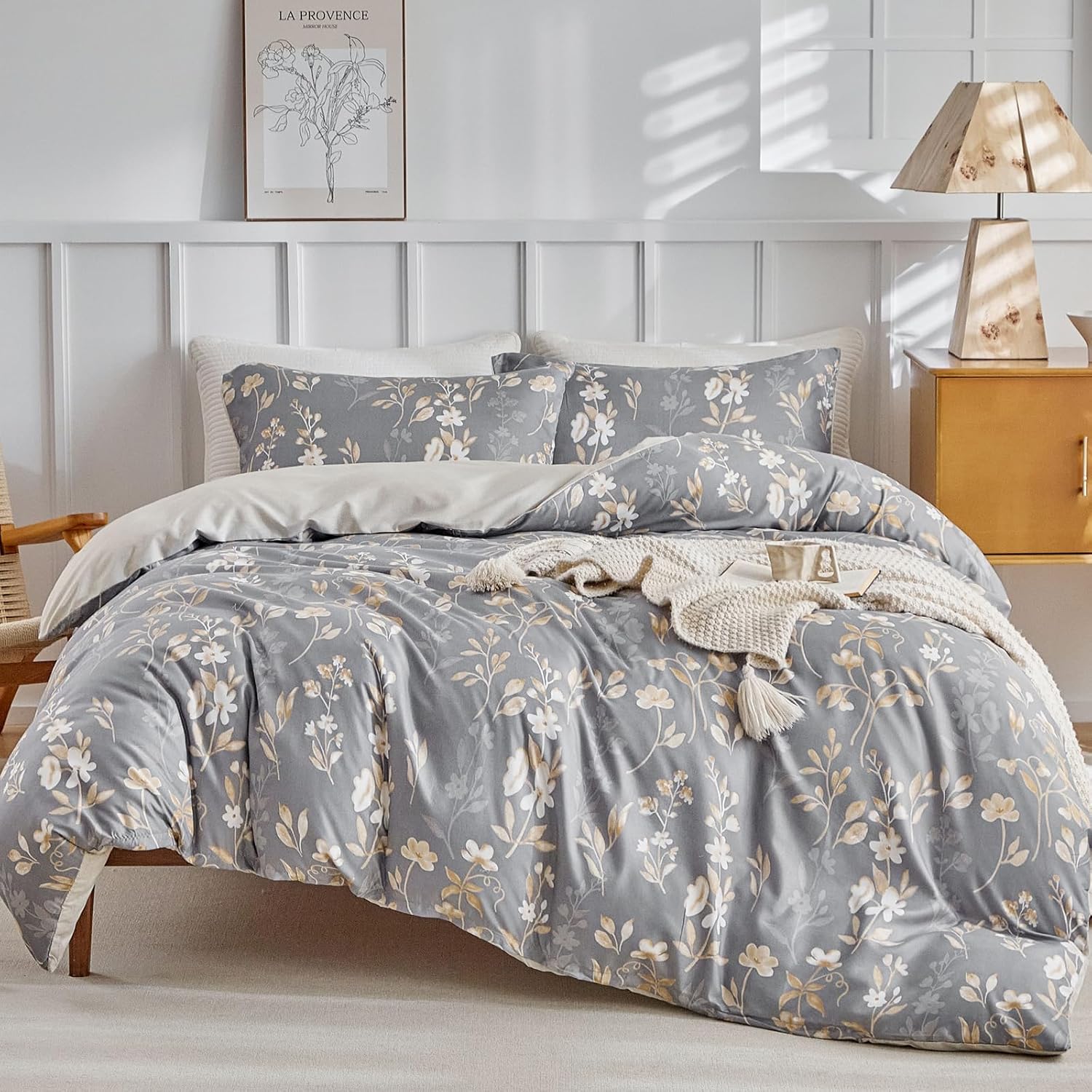 Thumbnail 1 de Tokokimo King Size Duvet Cover Set – Reversible Yellow Floral on Grey Microfibre, 220x230 cm (2 Pillowcases)