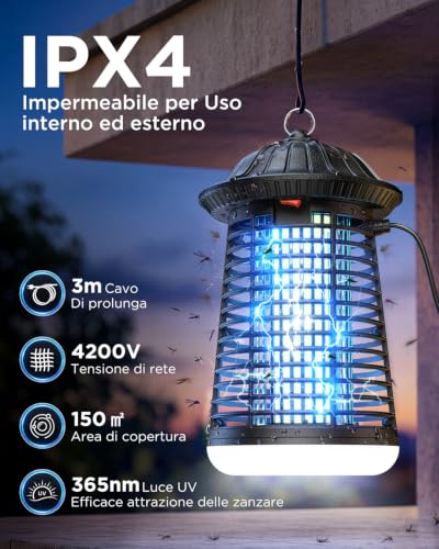 Detalle de Lampada Antizanzare VIWAVE 4200V con LED 9W + UV-A 15W, 3 m di cavo, uso interno/esterno