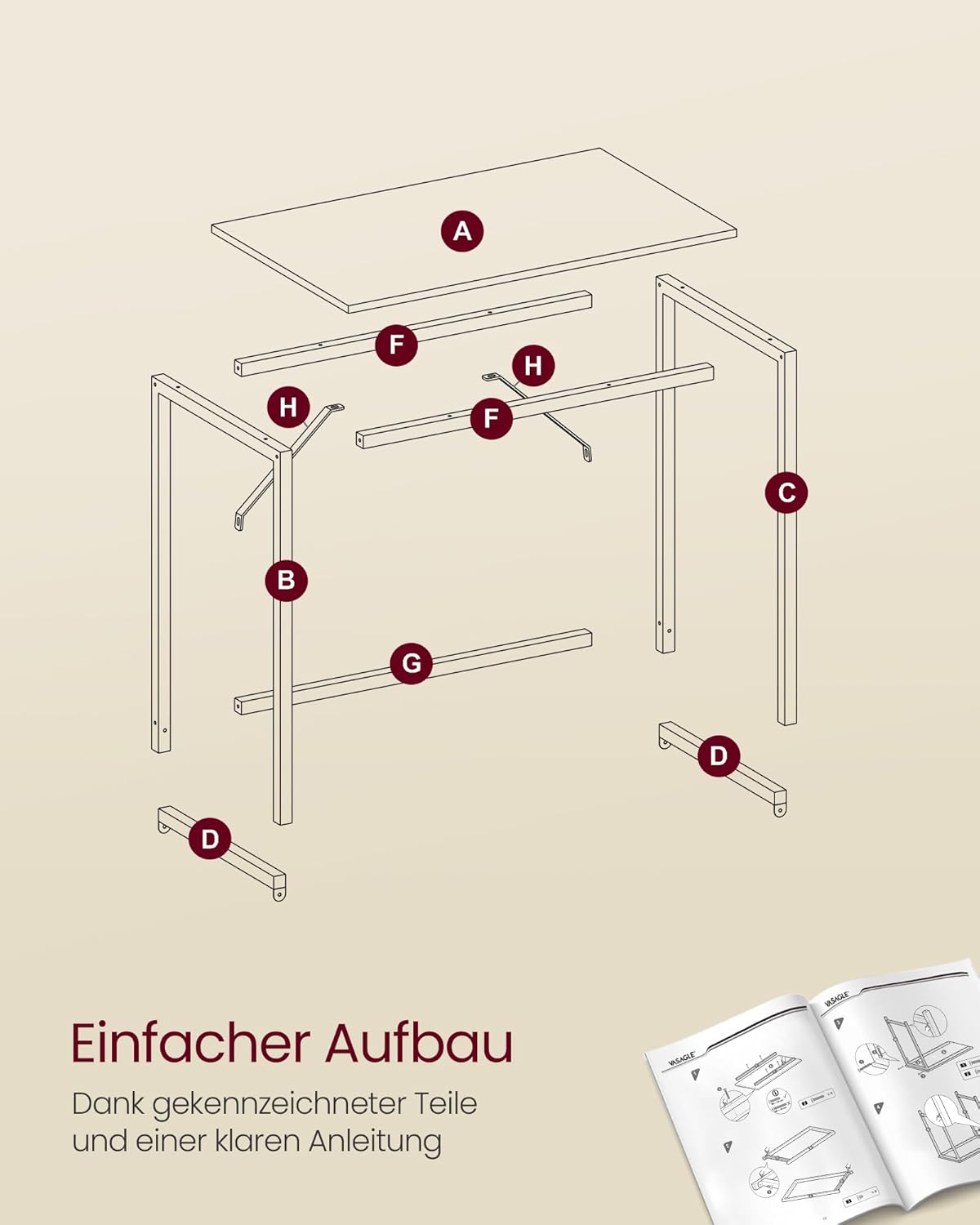 Detalle de VASAGLE Computertisch LWD041W70V2 – 100 x 50 cm Tischplatte für Büro, Arbeitszimmer & mehr