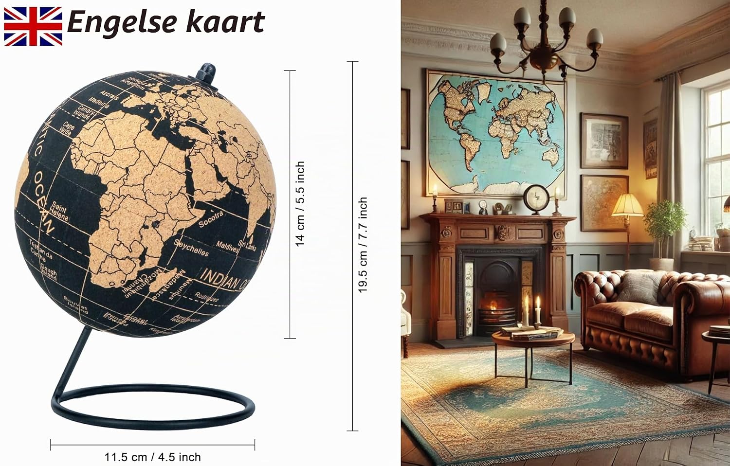 Thumbnail 1 de Exerz EX-PIN kurken wereldbol van 14 cm met Engelstalige kaart en zwarte standaard