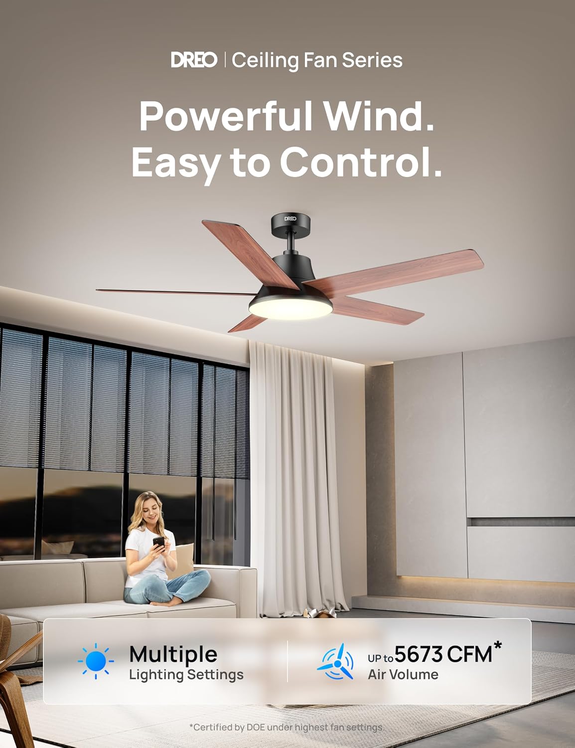 Detalle de DREO 52-Inch Ceiling Fan with Lights (6 Speeds, Dimmable LED, Remote, 8H Timer)