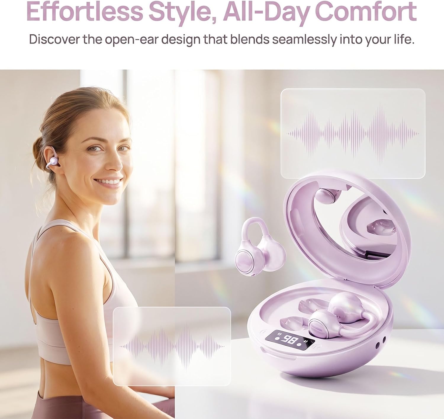Detalle 1 de Clip-On Open-Ear Wireless Earbuds, Light Purple