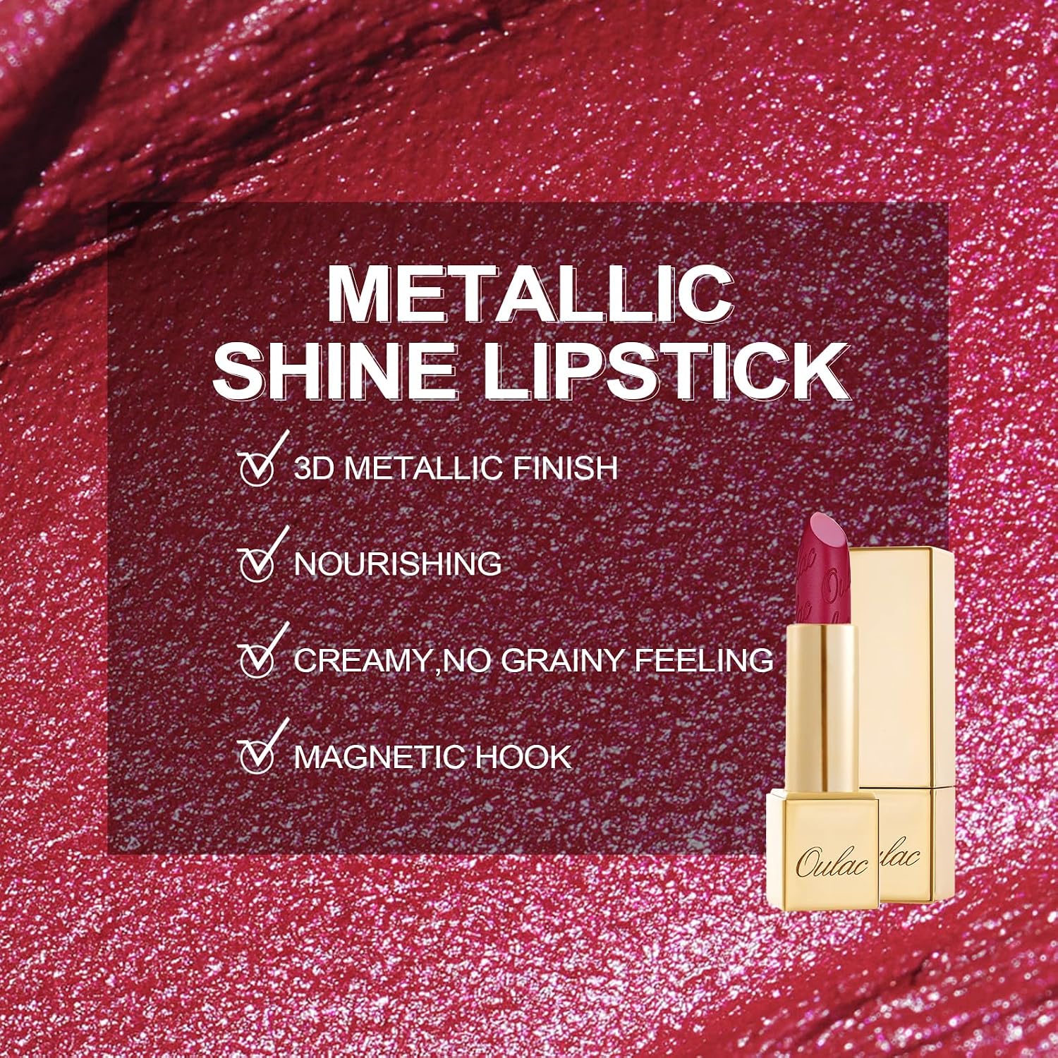 Thumbnail 3 de OULAC Lippenstift Metallic Glanz Finish – Magenta-Rosa „She’s A Lover“, veganer Lippenstift mit Glitzer-Perlglanz (4,3 g)