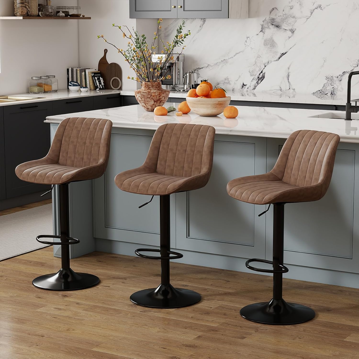 Detalle de Youhauchair Adjustable Faux Leather Bar Stools, Set of 3, Light Brown
