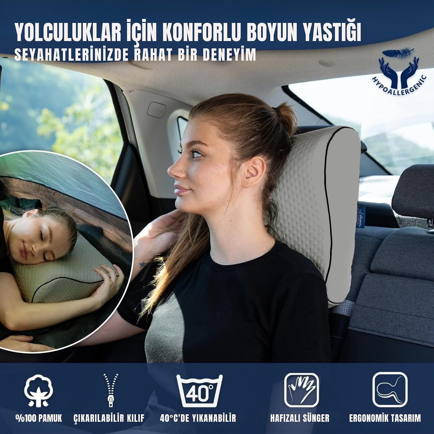 Thumbnail 2 de Alkamto Cuscino da viaggio in memory foam con supporto ergonomico e federa termoregolante, grigio