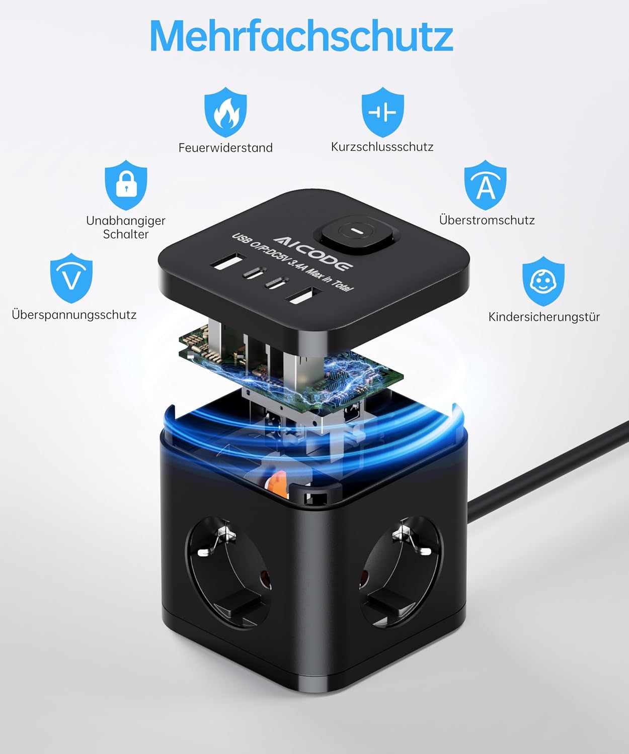 Thumbnail 4 de AICODE Steckdosenwürfel 3680 W mit 4 USB