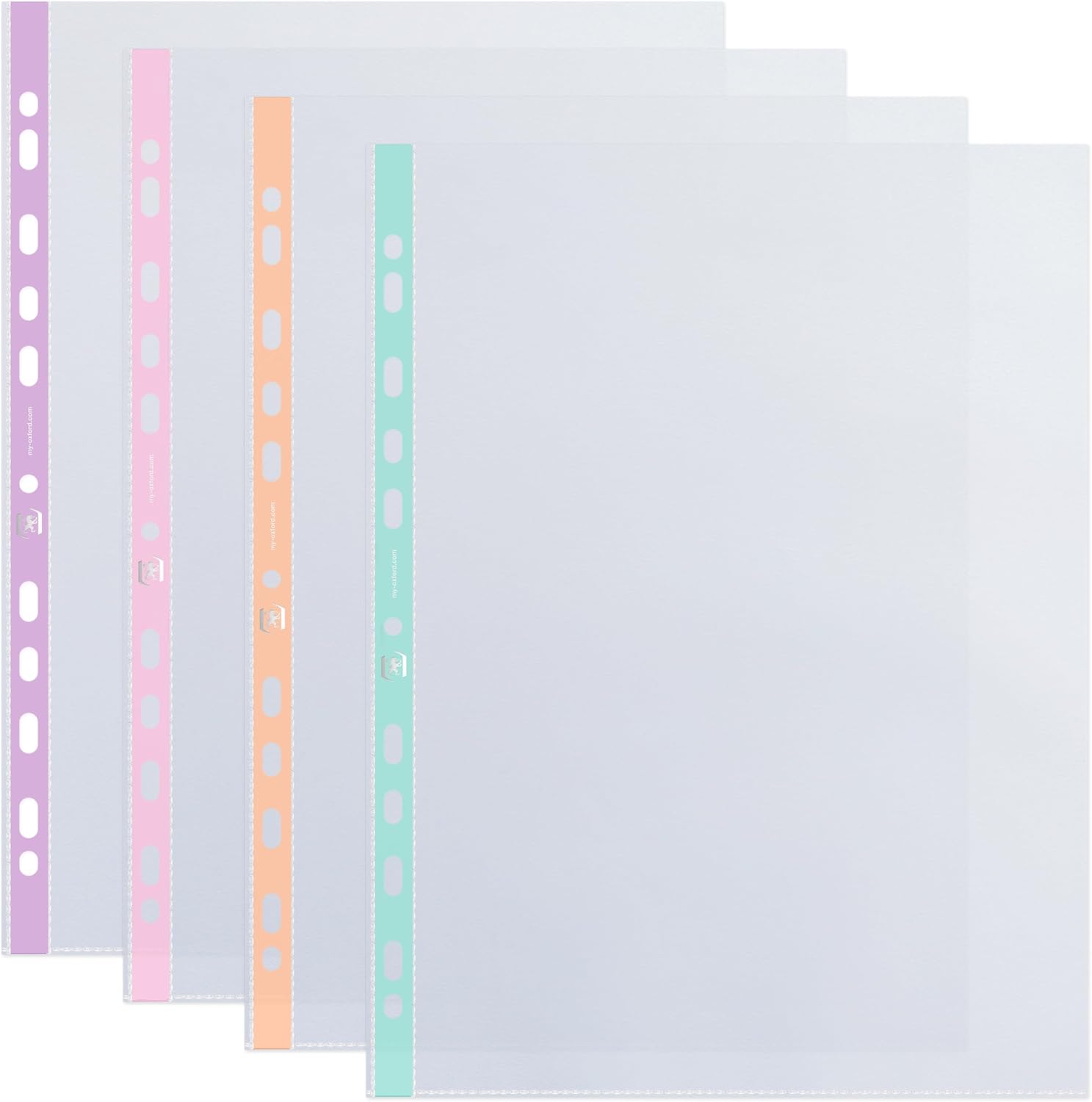 Detalle 2 de Oxford 60 Pochettes Plastiques A4 Perforées Lisses – 5/100e, pastel assortis, perforations 11 trous, fabriqué en France