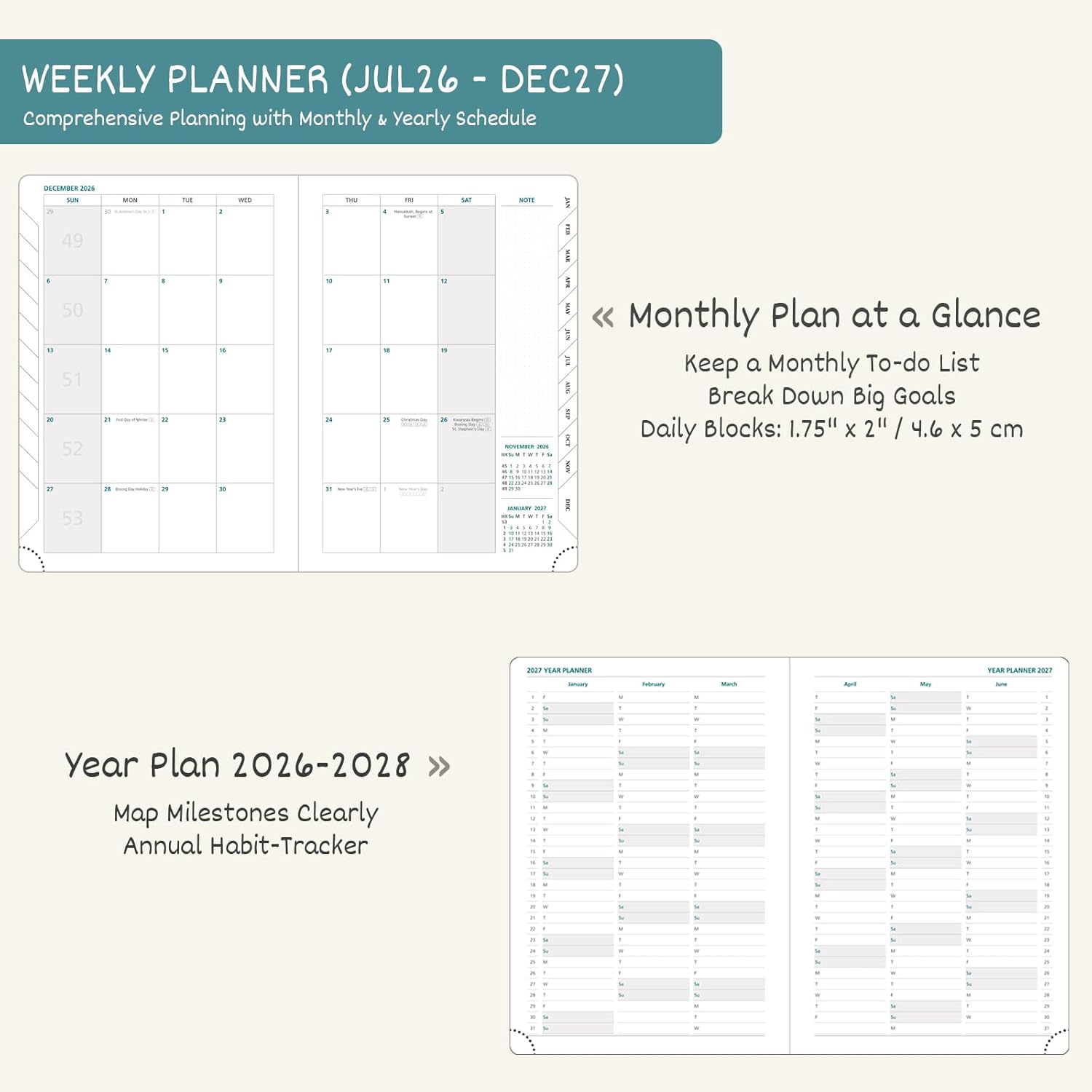Thumbnail 2 de BEZEND A4 Academic Diary 2026-2027 Week to View: Red PU Leather, 18-Month Planner with Time Slots
